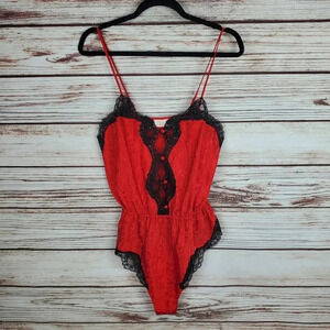 Delicates Womens Small Vintage Red&Black Floral Satin&Lace Teddy Bodysuit